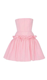 TRÄGERLOSES MINIKLEID MIT RÜSCHENÄRMELN IN ZARTROSA